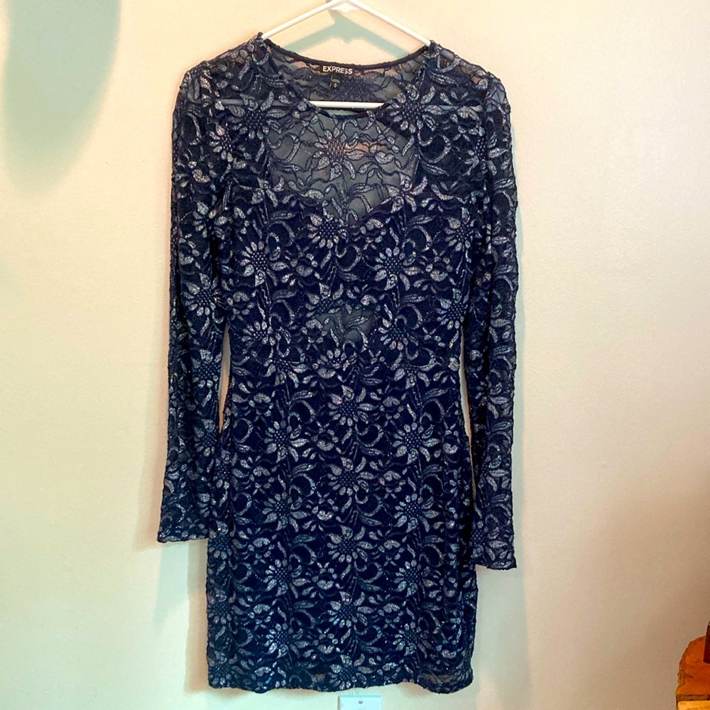 Blue Express long sleeve silver flower dress.